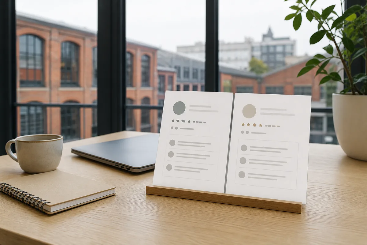 Comparaison de deux fiches d&rsquo;établissement avec notes, volume et commentaires récents